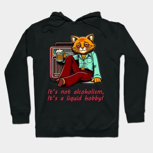 Retro Drunk Cat Cartoon - 70s Party Animal with Vintage Radio and Humor Quote Hoodie